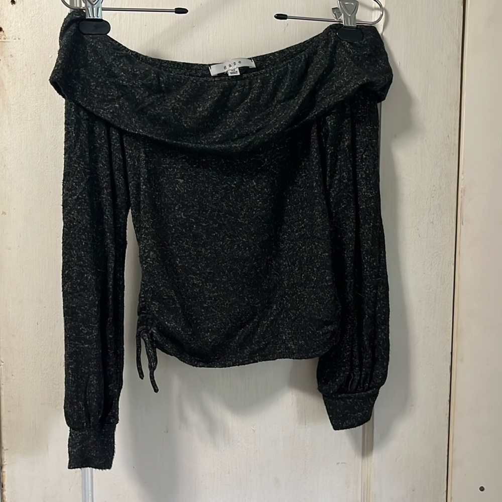 Soft black, long sleeve, crop top, off the shoulder.